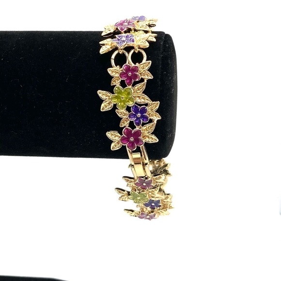 Bracelet Gold Tone With Flowers 8” - Picture 3 of 13